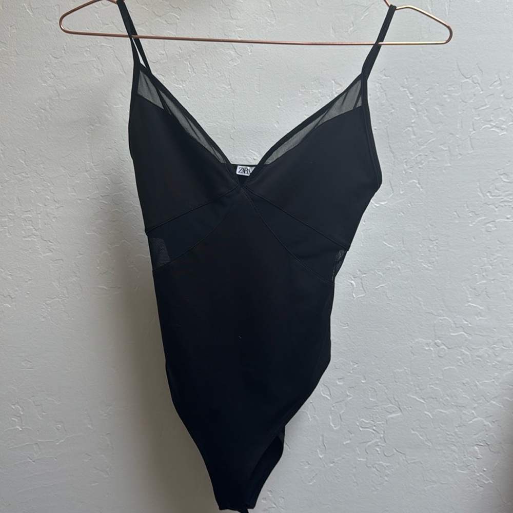 Zara black tank bodysuit mesh bustier soft small